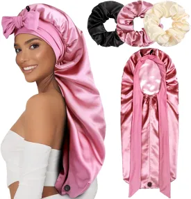 1 3 Long Satin Bonnets with Scrunchies for Women Sleeping, Double Layer Large Braid Bonnet with Tie Band