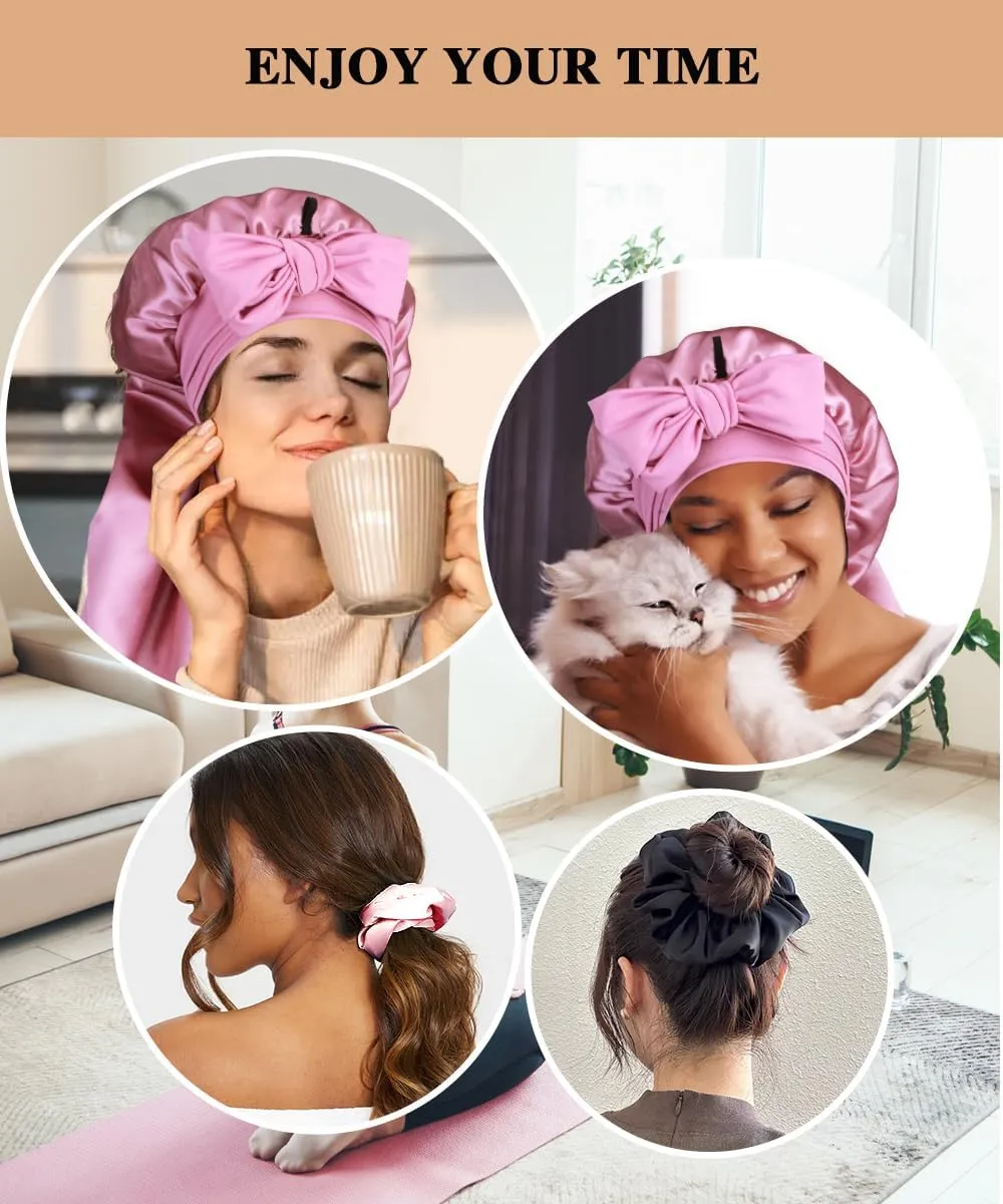 1 3 Long Satin Bonnets with Scrunchies for Women Sleeping, Double Layer Large Braid Bonnet with Tie Band