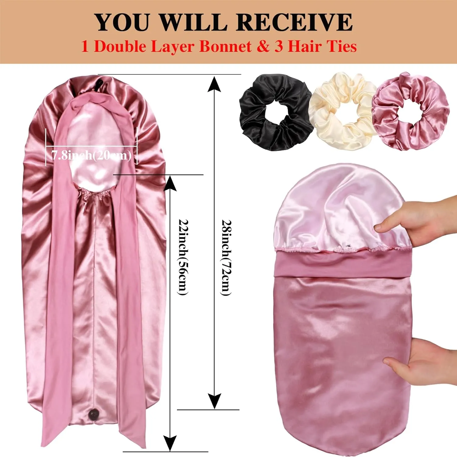 1 3 Long Satin Bonnets with Scrunchies for Women Sleeping, Double Layer Large Braid Bonnet with Tie Band