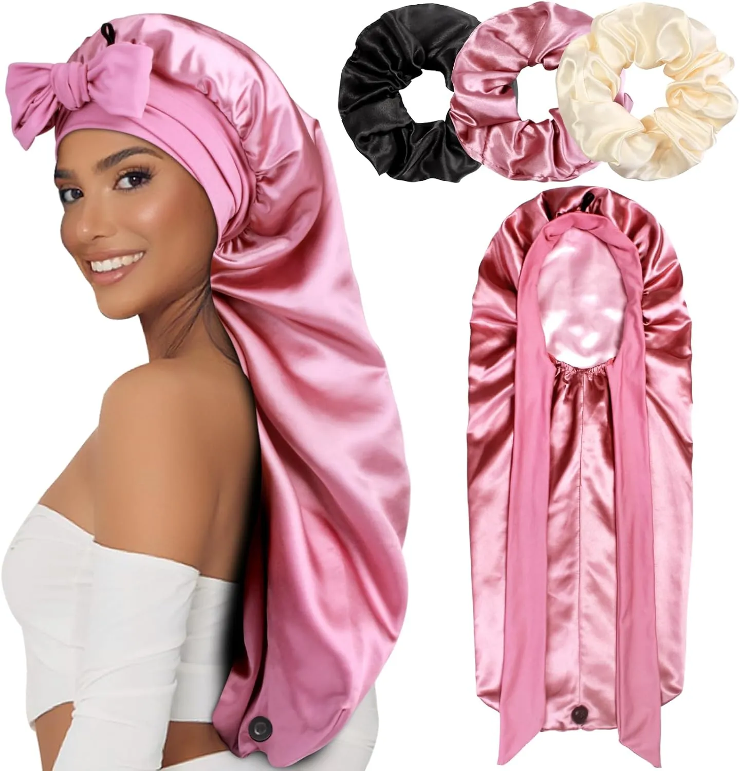 1 3 Long Satin Bonnets with Scrunchies for Women Sleeping, Double Layer Large Braid Bonnet with Tie Band