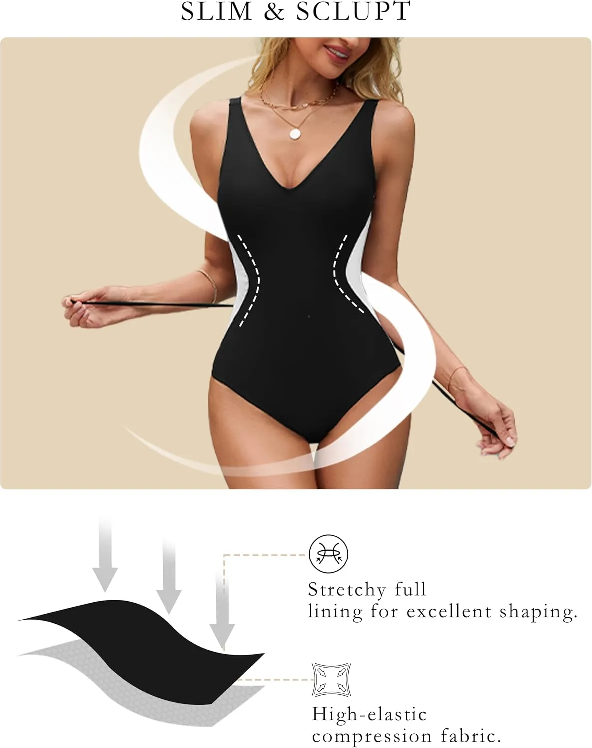 BMJL Women's One Piece Swimsuit Slimming Tummy Control Bathing Suit Deep V Neck Color Block Lace Up Back Swimwear