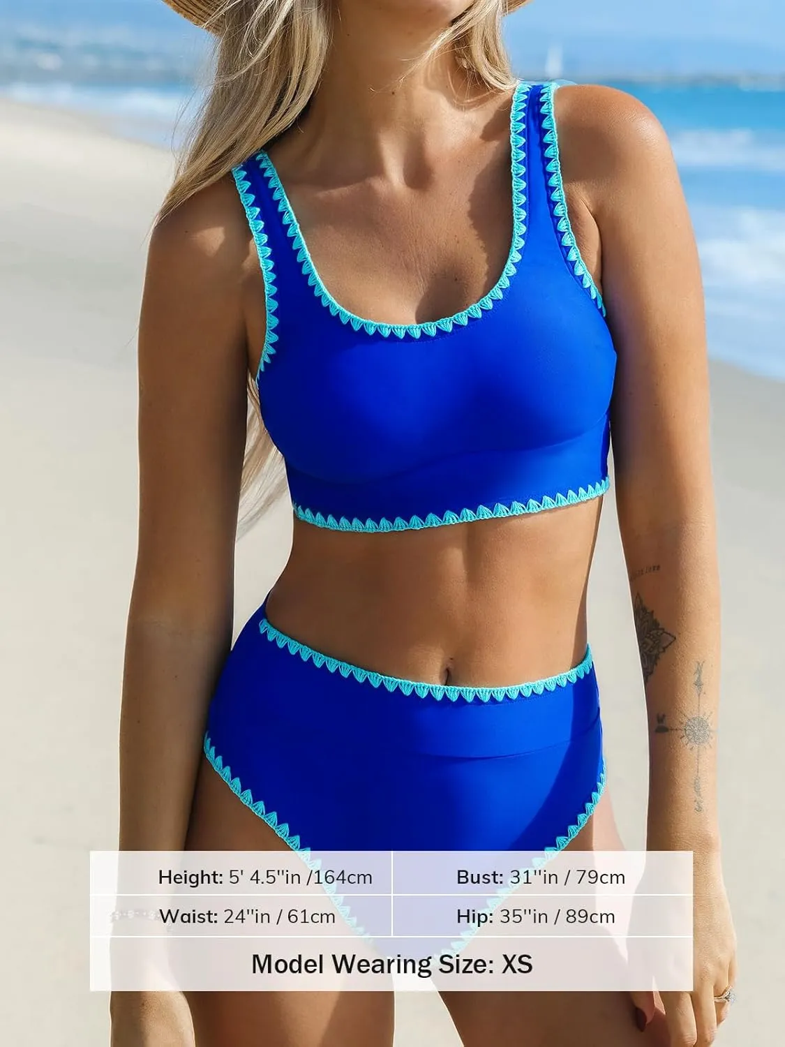 CUPSHE Women's Bikini Sets Two Piece Swimsuit Scoop Neck Tank Wide Straps Midkini Stitching