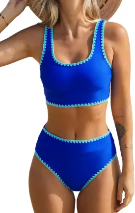 CUPSHE Women's Bikini Sets Two Piece Swimsuit Scoop Neck Tank Wide Straps Midkini Stitching
