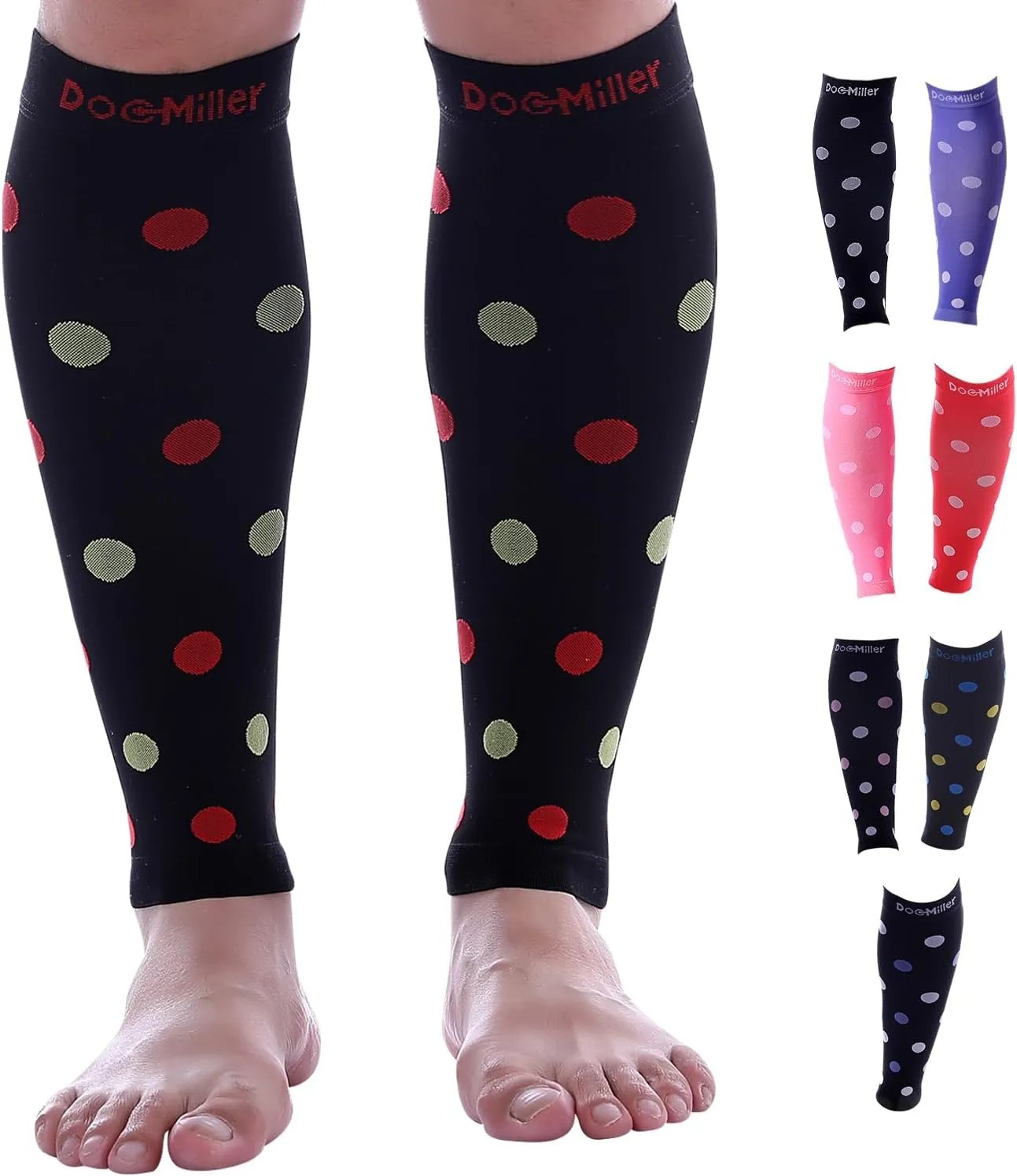 Doc Miller Calf Compression Sleeve  Footless Socks for Women & Men, 20-30mmHg, Shin Splint & Leg Cramp Support, Varicose Veins, Knee High, 1 Pair, Polka Dot
