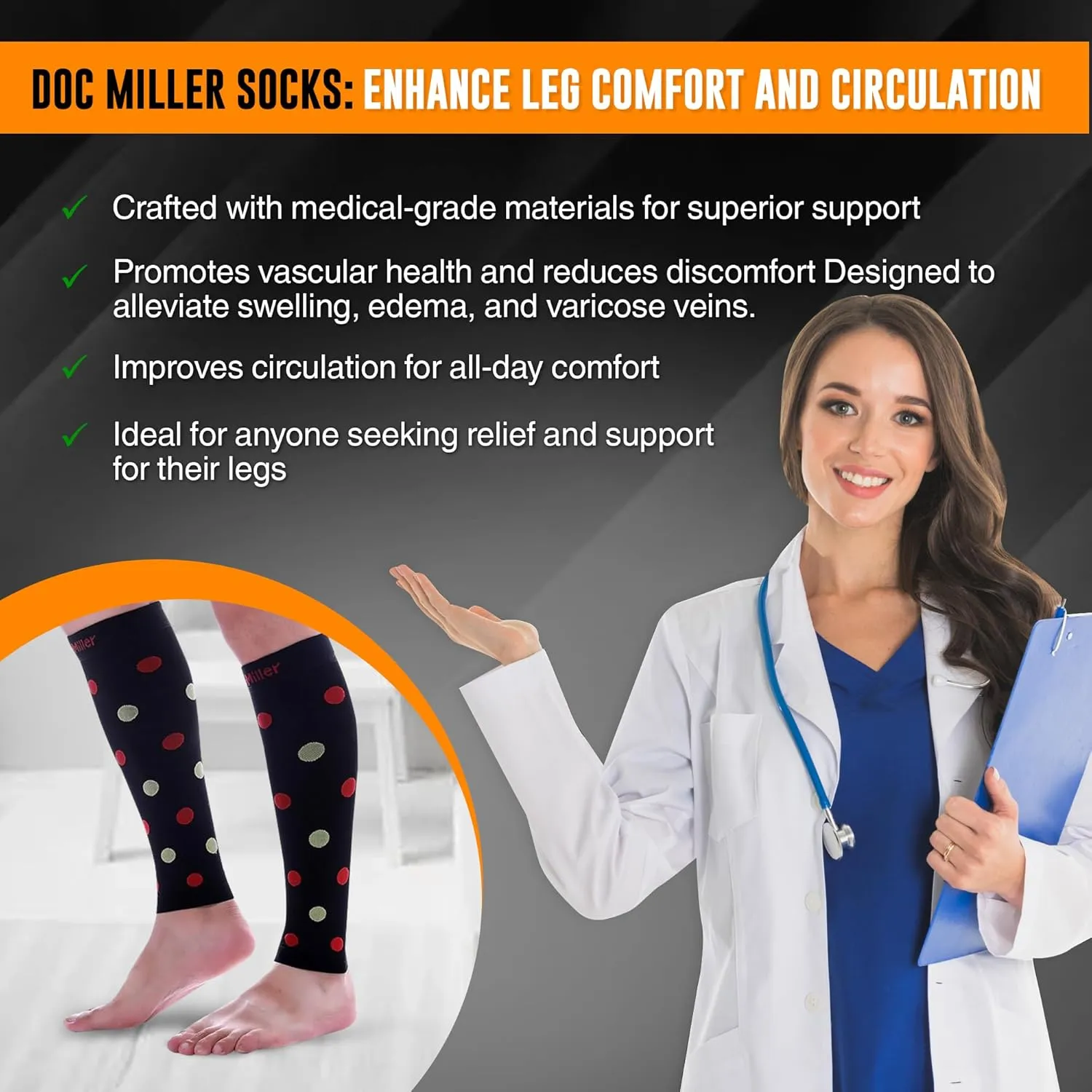 Doc Miller Calf Compression Sleeve  Footless Socks for Women & Men, 20-30mmHg, Shin Splint & Leg Cramp Support, Varicose Veins, Knee High, 1 Pair, Polka Dot
