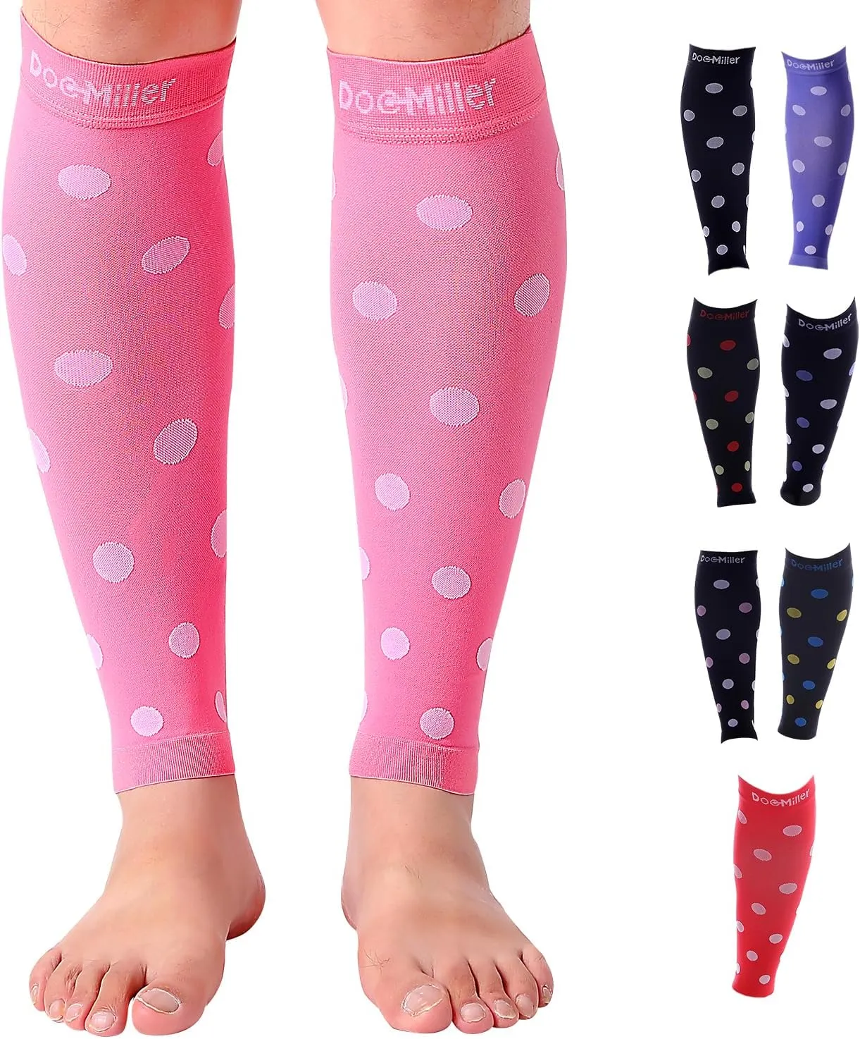 Doc Miller Calf Compression Sleeve  Footless Socks for Women & Men, 20-30mmHg, Shin Splint & Leg Cramp Support, Varicose Veins, Knee High, 1 Pair, Polka Dot