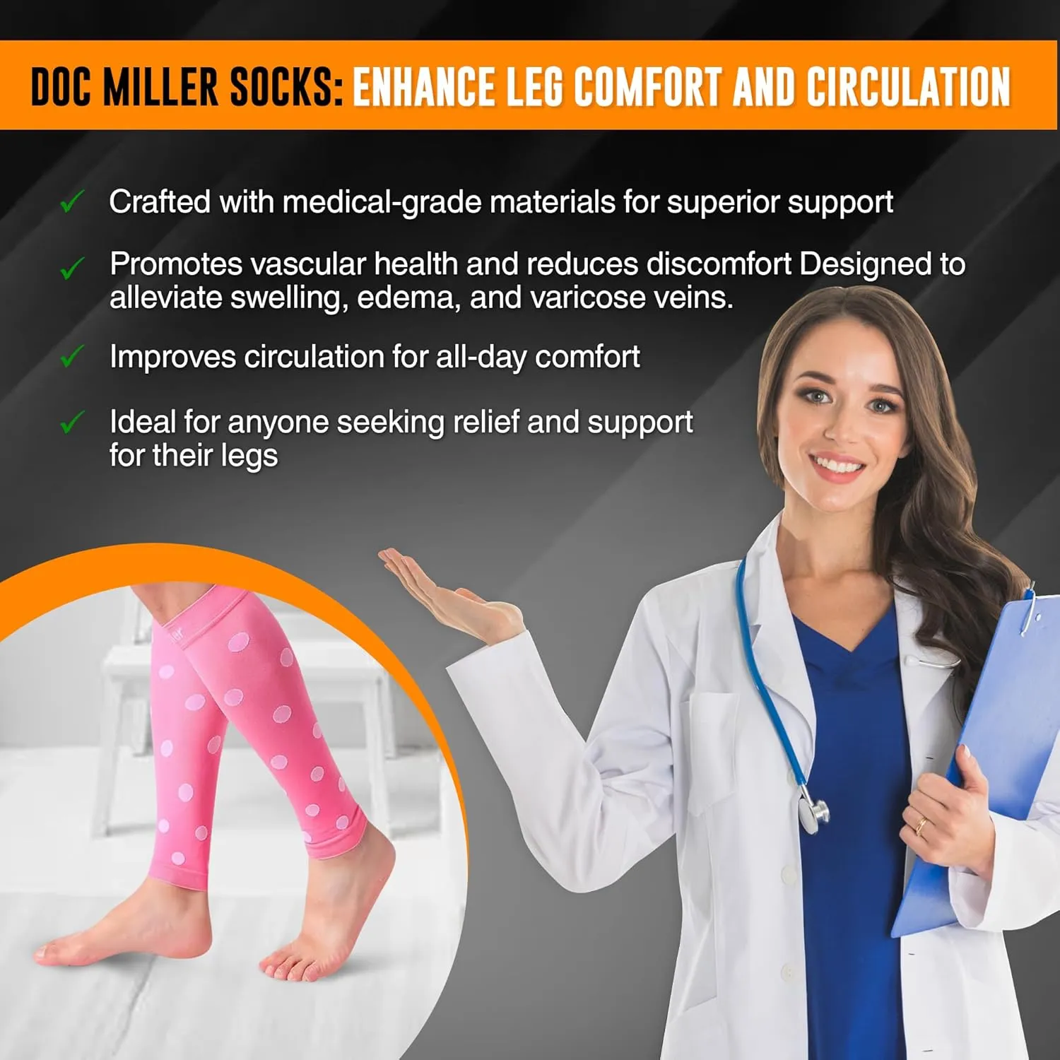 Doc Miller Calf Compression Sleeve  Footless Socks for Women & Men, 20-30mmHg, Shin Splint & Leg Cramp Support, Varicose Veins, Knee High, 1 Pair, Polka Dot