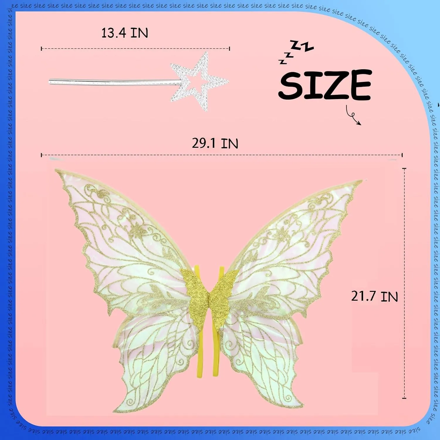 Fairy Wings for Adults and GirlsFairy Costume Set with Floral Garland, Fairy Hair Tinsel, Wand & Elf Ears  29"x21" Organza Butterfly Wings  Ideal for Cosplay, Party, Gold