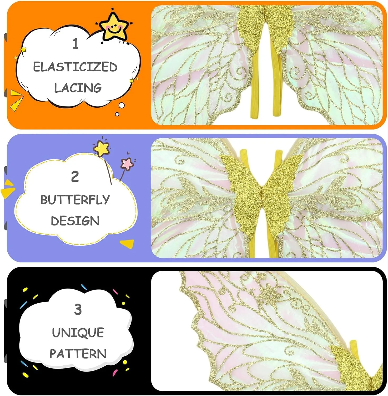 Fairy Wings for Adults and GirlsFairy Costume Set with Floral Garland, Fairy Hair Tinsel, Wand & Elf Ears  29"x21" Organza Butterfly Wings  Ideal for Cosplay, Party, Gold