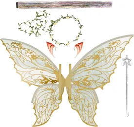 Fairy Wings for Adults and GirlsFairy Costume Set with Floral Garland, Fairy Hair Tinsel, Wand & Elf Ears  29"x21" Organza Butterfly Wings  Ideal for Cosplay, Party, Gold