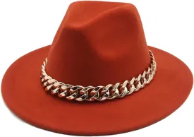 Fedora Hats Women Men Wide Brim Thick Gold Chain Band Felted Hat Jazz Cap Panama Hat Caramel 56-58cm(Adults), Medium