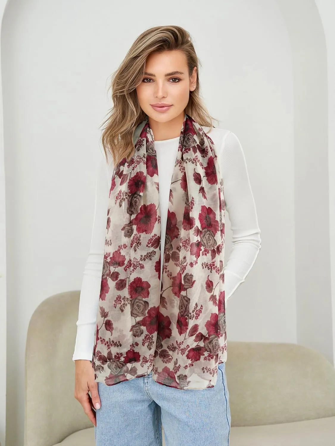 GERINLY Lightweight Scarves Fashion Flowers Print Women Cotton Wrap Scarf Head Shawl Summer Gift