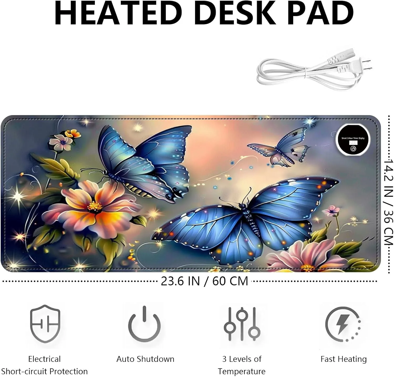 Heated Mouse Pad with 3 Levels Heated & 3 Hours Auto Shut-Off Mouse Pad for Warming Hands in Office Home, 23.6" x 14.2"Large Safe Desk Mat Hand WarmerBlue Butterfly