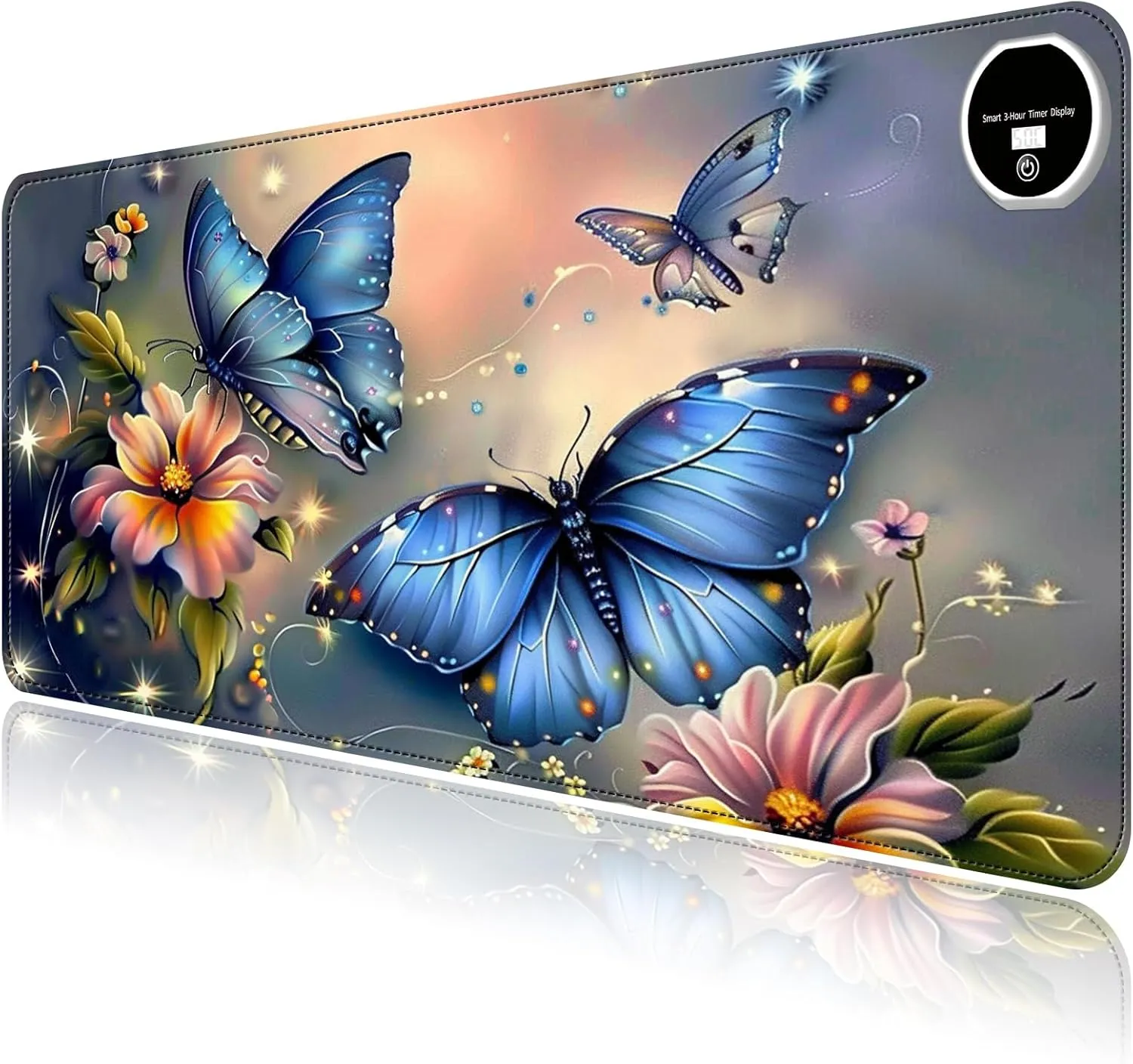 Heated Mouse Pad with 3 Levels Heated & 3 Hours Auto Shut-Off Mouse Pad for Warming Hands in Office Home, 23.6" x 14.2"Large Safe Desk Mat Hand WarmerBlue Butterfly