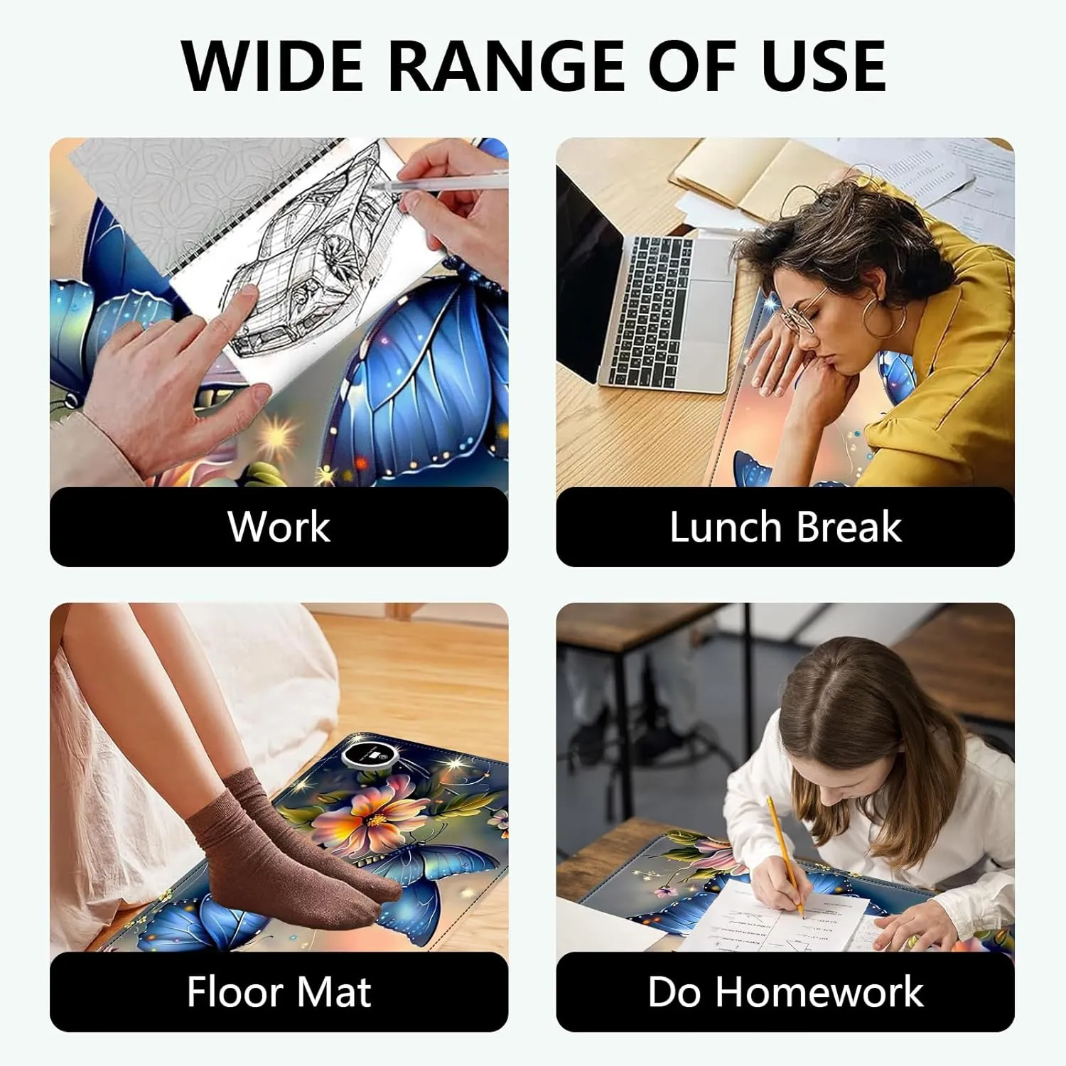 Heated Mouse Pad with 3 Levels Heated & 3 Hours Auto Shut-Off Mouse Pad for Warming Hands in Office Home, 23.6" x 14.2"Large Safe Desk Mat Hand WarmerBlue Butterfly