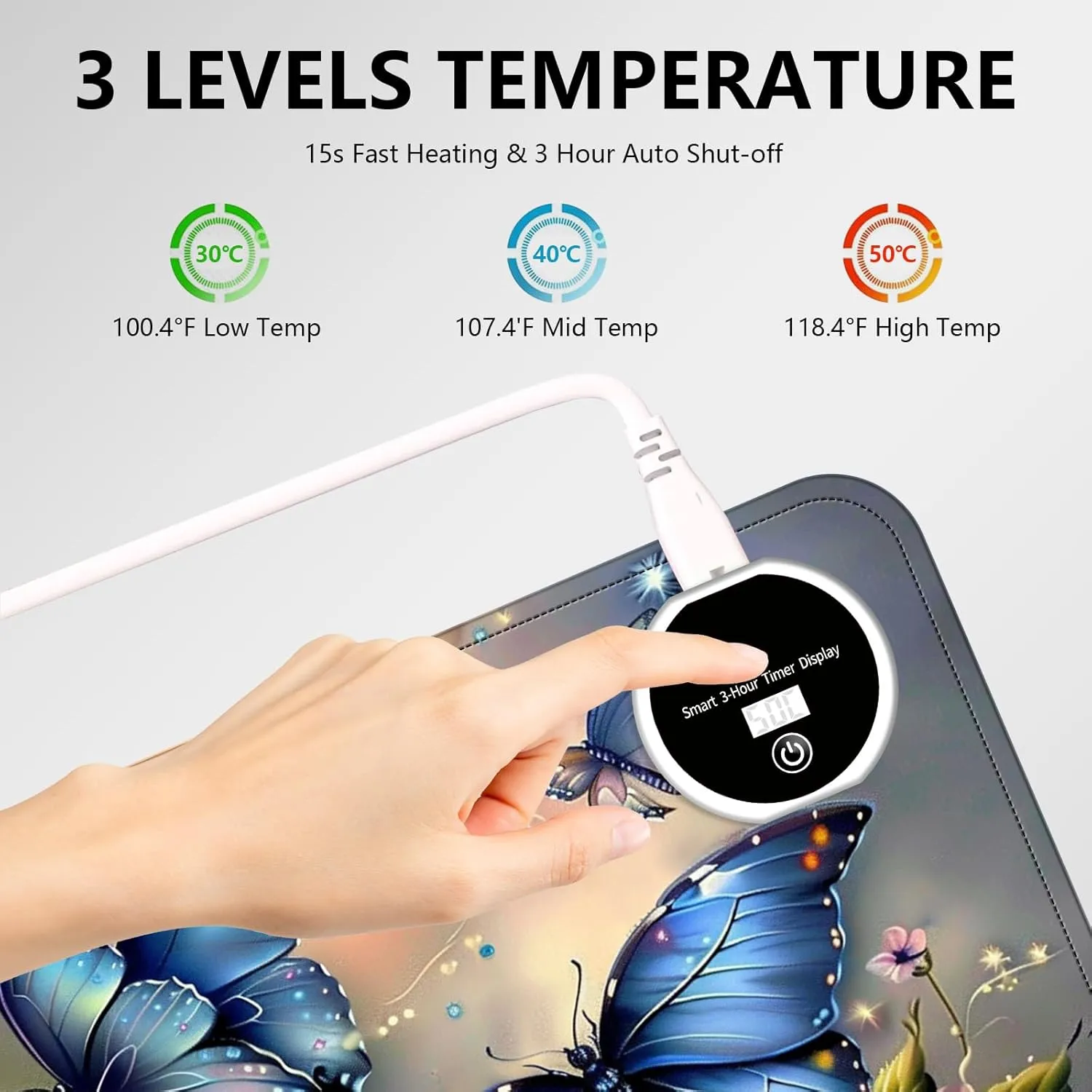 Heated Mouse Pad with 3 Levels Heated & 3 Hours Auto Shut-Off Mouse Pad for Warming Hands in Office Home, 23.6" x 14.2"Large Safe Desk Mat Hand WarmerBlue Butterfly