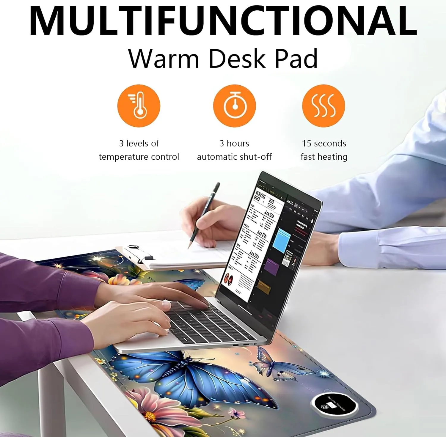 Heated Mouse Pad with 3 Levels Heated & 3 Hours Auto Shut-Off Mouse Pad for Warming Hands in Office Home, 23.6" x 14.2"Large Safe Desk Mat Hand WarmerBlue Butterfly