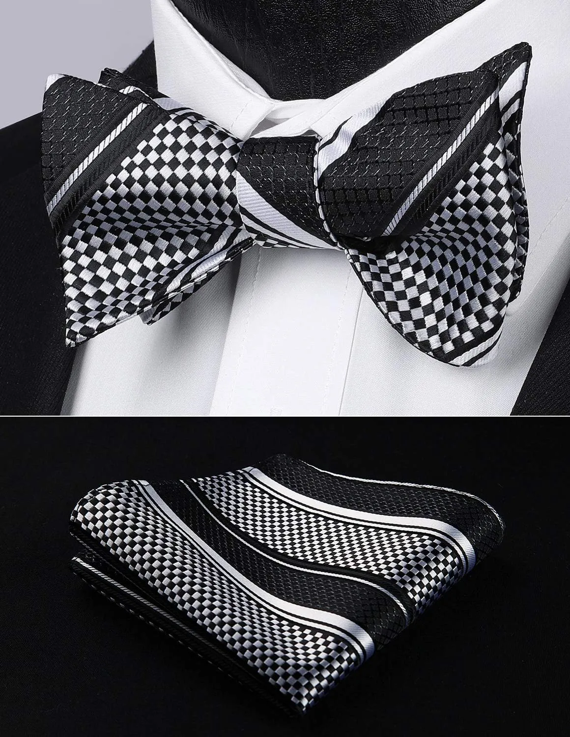 HISDERN Bow Ties for Men Striped Bowties Men's Self Tie Bowtie Handkerchief Formal Tuxedo Wedding Bowties and Pocket Square