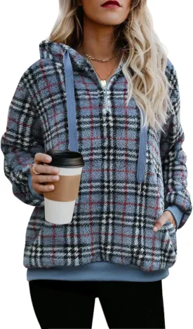 Nirovien Womens Sherpa Pullover Oversized Fuzzy Hoodie Double Fleece Sweatshirts Fluffy Plaid Outerwear Warm Coats