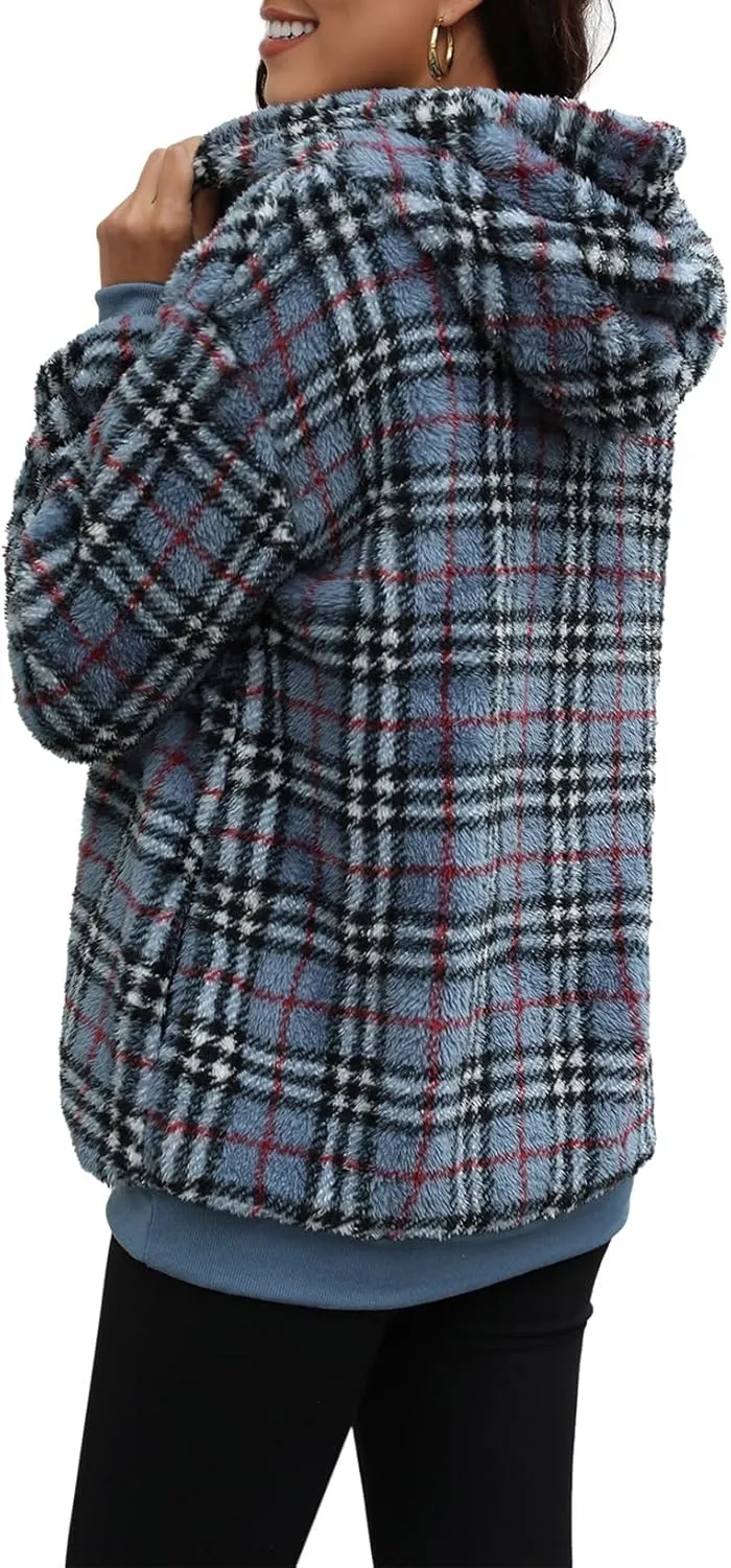 Nirovien Womens Sherpa Pullover Oversized Fuzzy Hoodie Double Fleece Sweatshirts Fluffy Plaid Outerwear Warm Coats