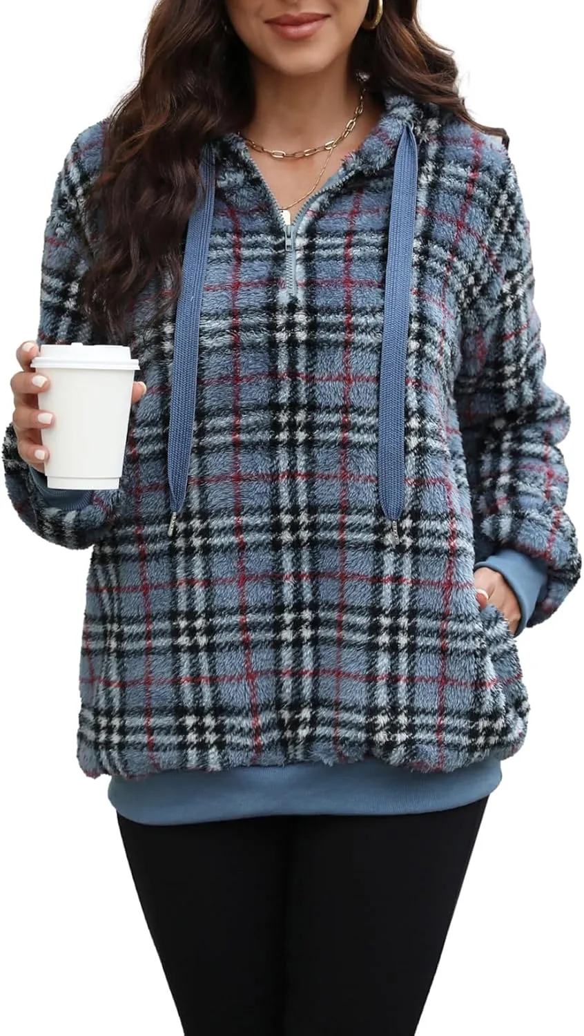Nirovien Womens Sherpa Pullover Oversized Fuzzy Hoodie Double Fleece Sweatshirts Fluffy Plaid Outerwear Warm Coats