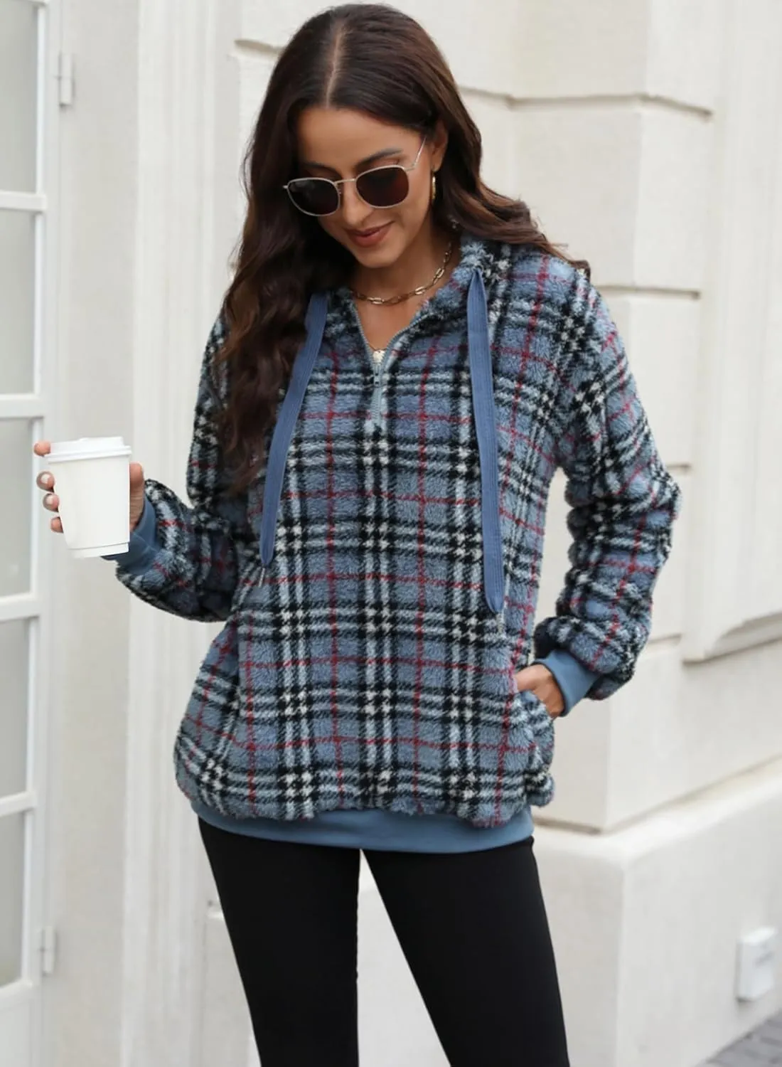 Nirovien Womens Sherpa Pullover Oversized Fuzzy Hoodie Double Fleece Sweatshirts Fluffy Plaid Outerwear Warm Coats