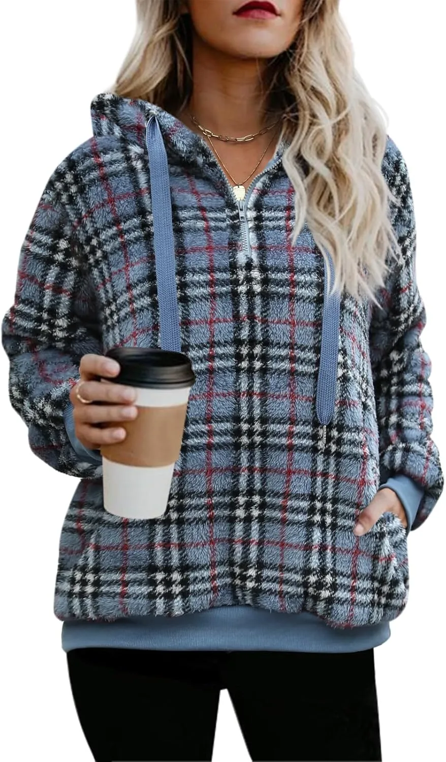 Nirovien Womens Sherpa Pullover Oversized Fuzzy Hoodie Double Fleece Sweatshirts Fluffy Plaid Outerwear Warm Coats