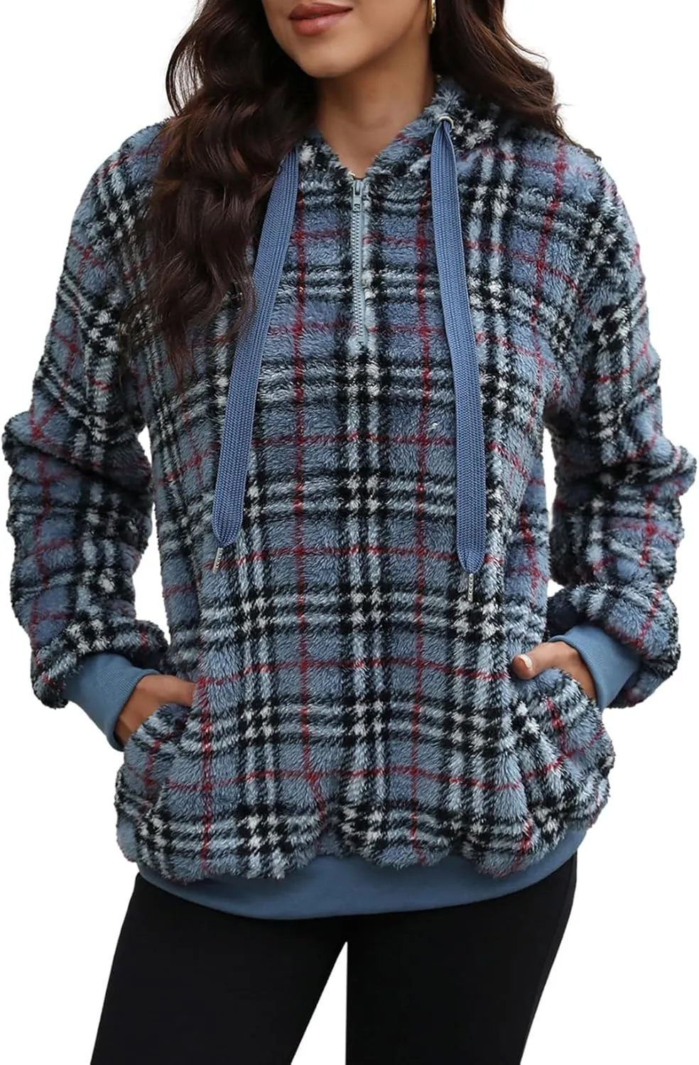 Nirovien Womens Sherpa Pullover Oversized Fuzzy Hoodie Double Fleece Sweatshirts Fluffy Plaid Outerwear Warm Coats