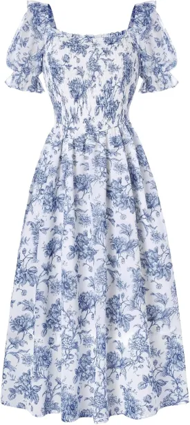 Scarlet Darkness Women's Cottagecore Dress Puff Sleeve Square Neck Flowy Smocked Maxi Dress