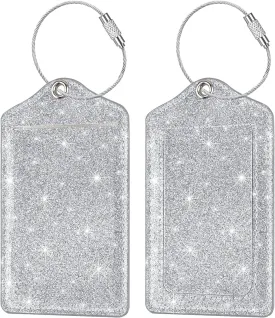 (Set of 2) Luggage Tag Leather Privacy Cover ID Label Address Card with Stainless Steel Loop, Travel Bag Tags Suitcase Labels, Glitter Silver