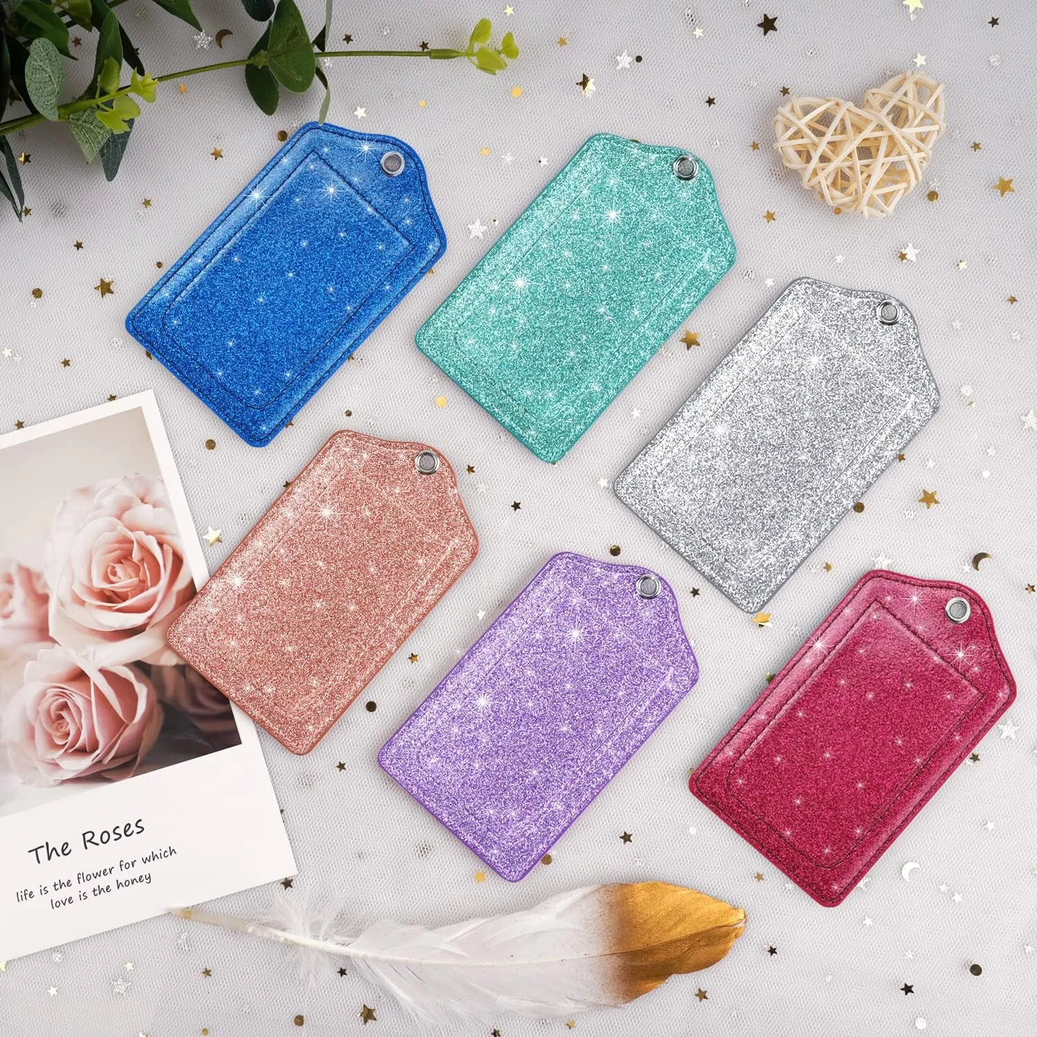(Set of 2) Luggage Tag Leather Privacy Cover ID Label Address Card with Stainless Steel Loop, Travel Bag Tags Suitcase Labels, Glitter Silver