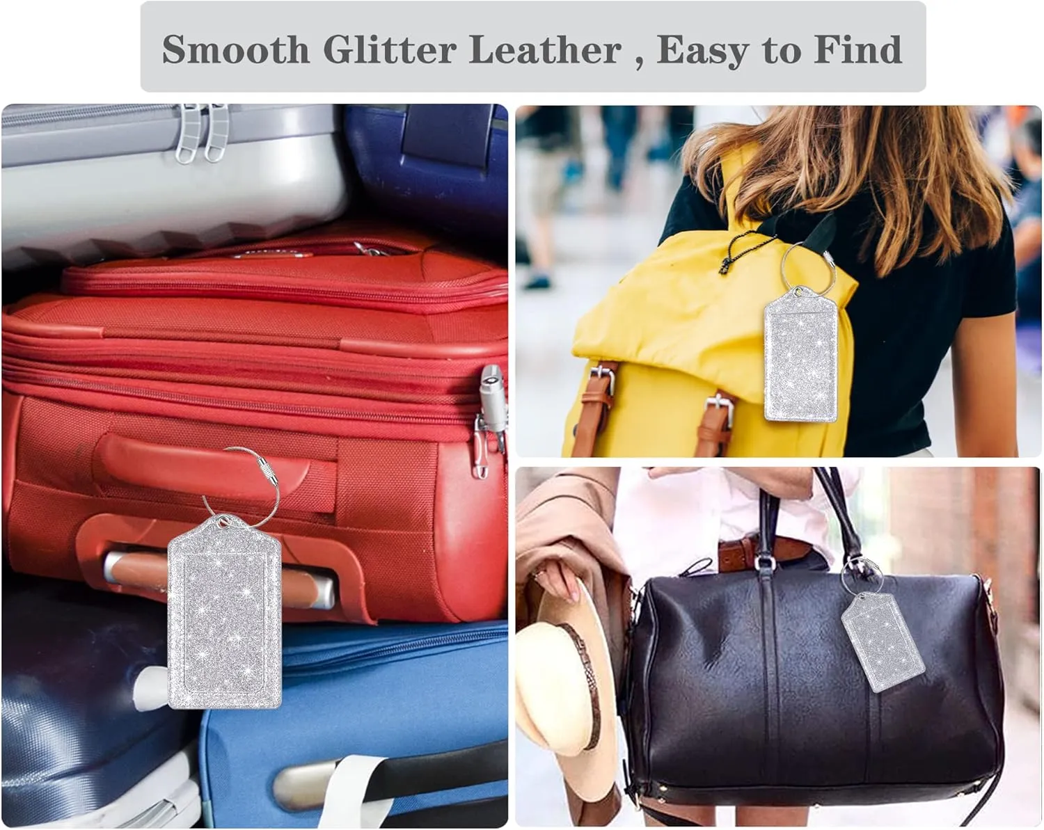 (Set of 2) Luggage Tag Leather Privacy Cover ID Label Address Card with Stainless Steel Loop, Travel Bag Tags Suitcase Labels, Glitter Silver