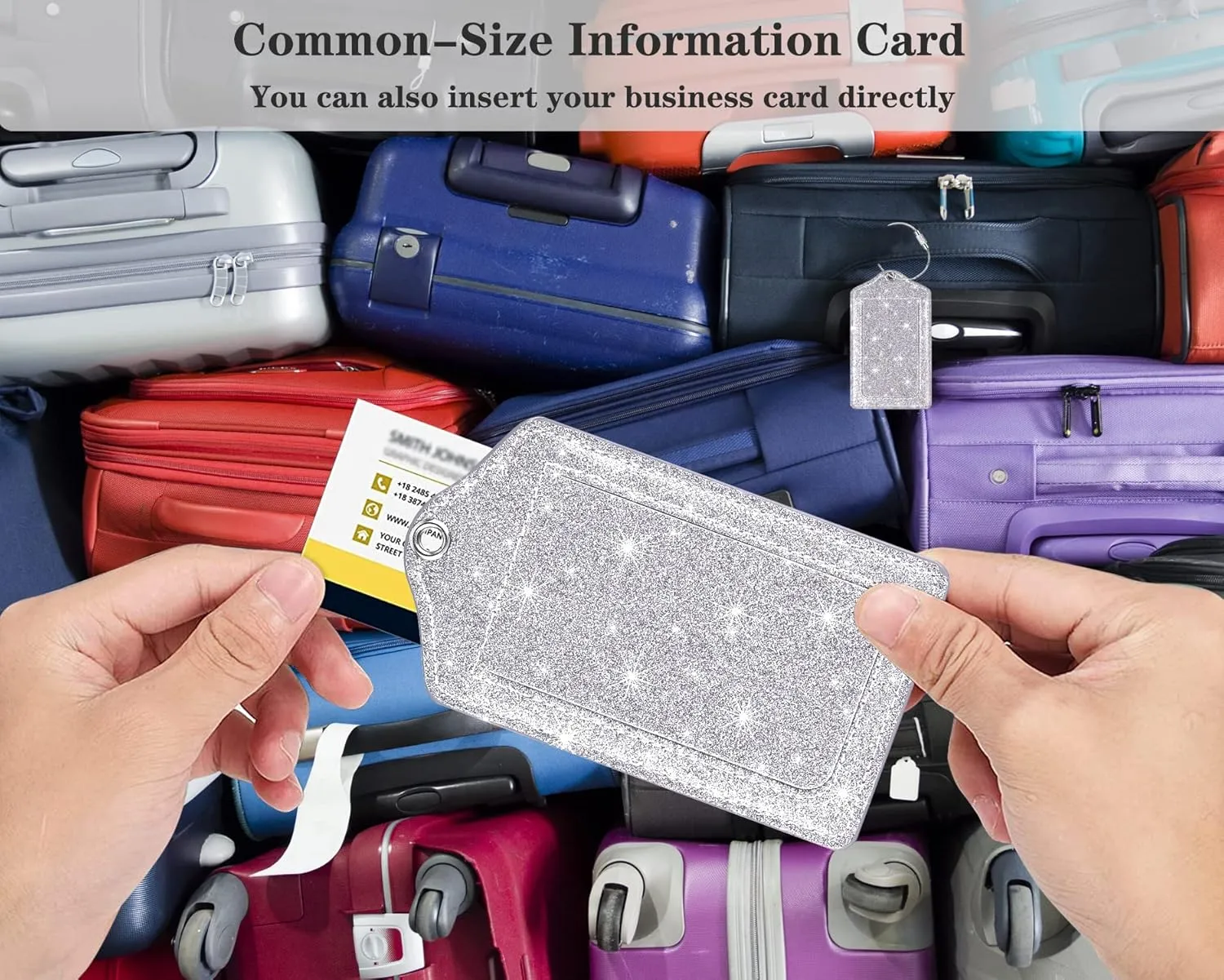 (Set of 2) Luggage Tag Leather Privacy Cover ID Label Address Card with Stainless Steel Loop, Travel Bag Tags Suitcase Labels, Glitter Silver
