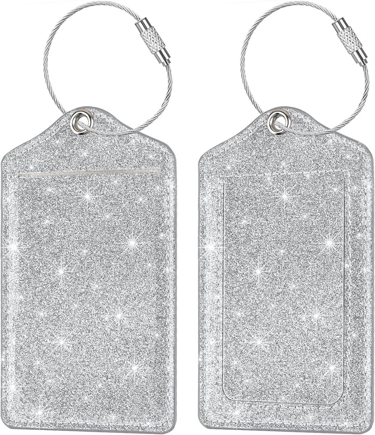 (Set of 2) Luggage Tag Leather Privacy Cover ID Label Address Card with Stainless Steel Loop, Travel Bag Tags Suitcase Labels, Glitter Silver
