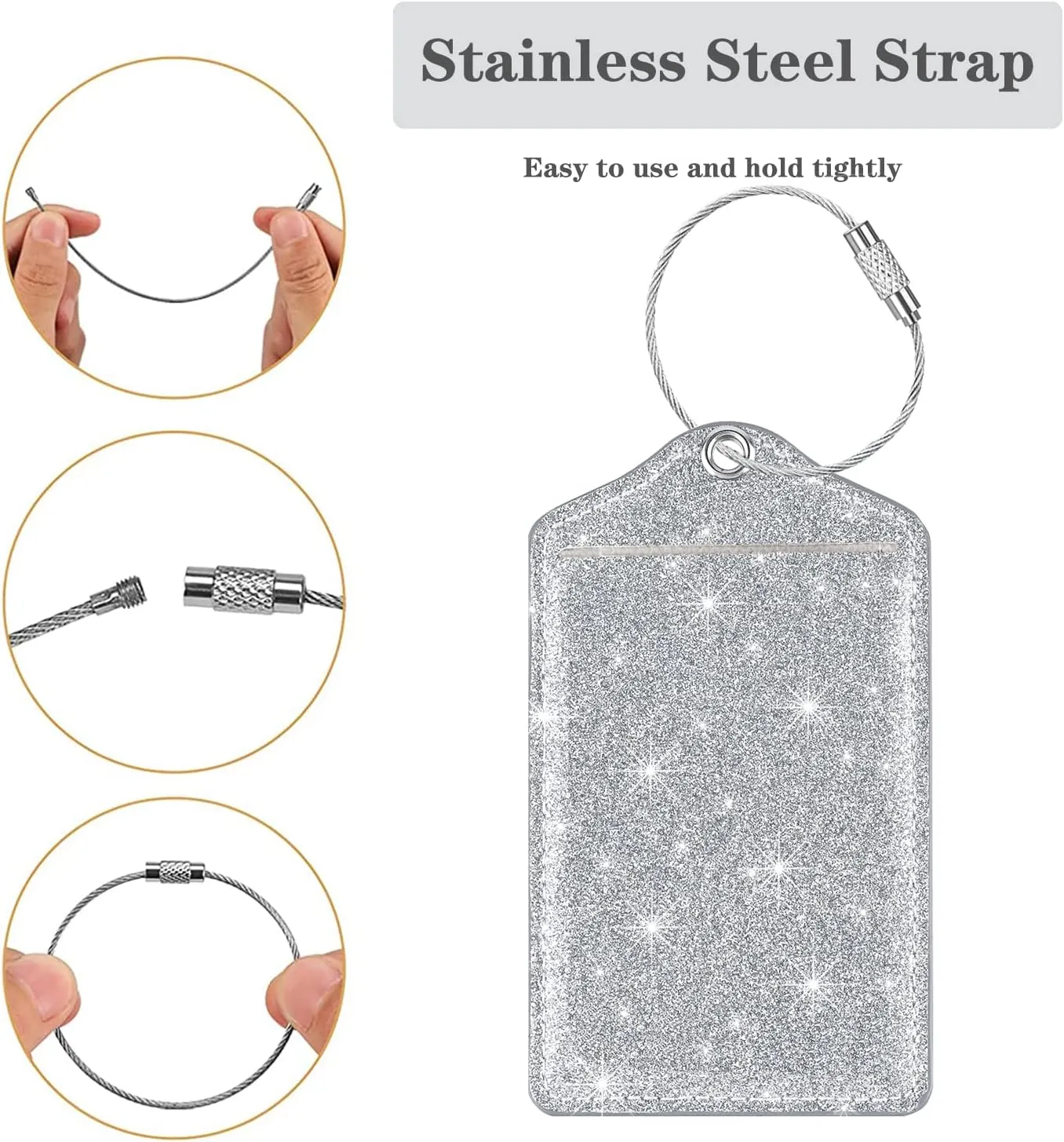 (Set of 2) Luggage Tag Leather Privacy Cover ID Label Address Card with Stainless Steel Loop, Travel Bag Tags Suitcase Labels, Glitter Silver