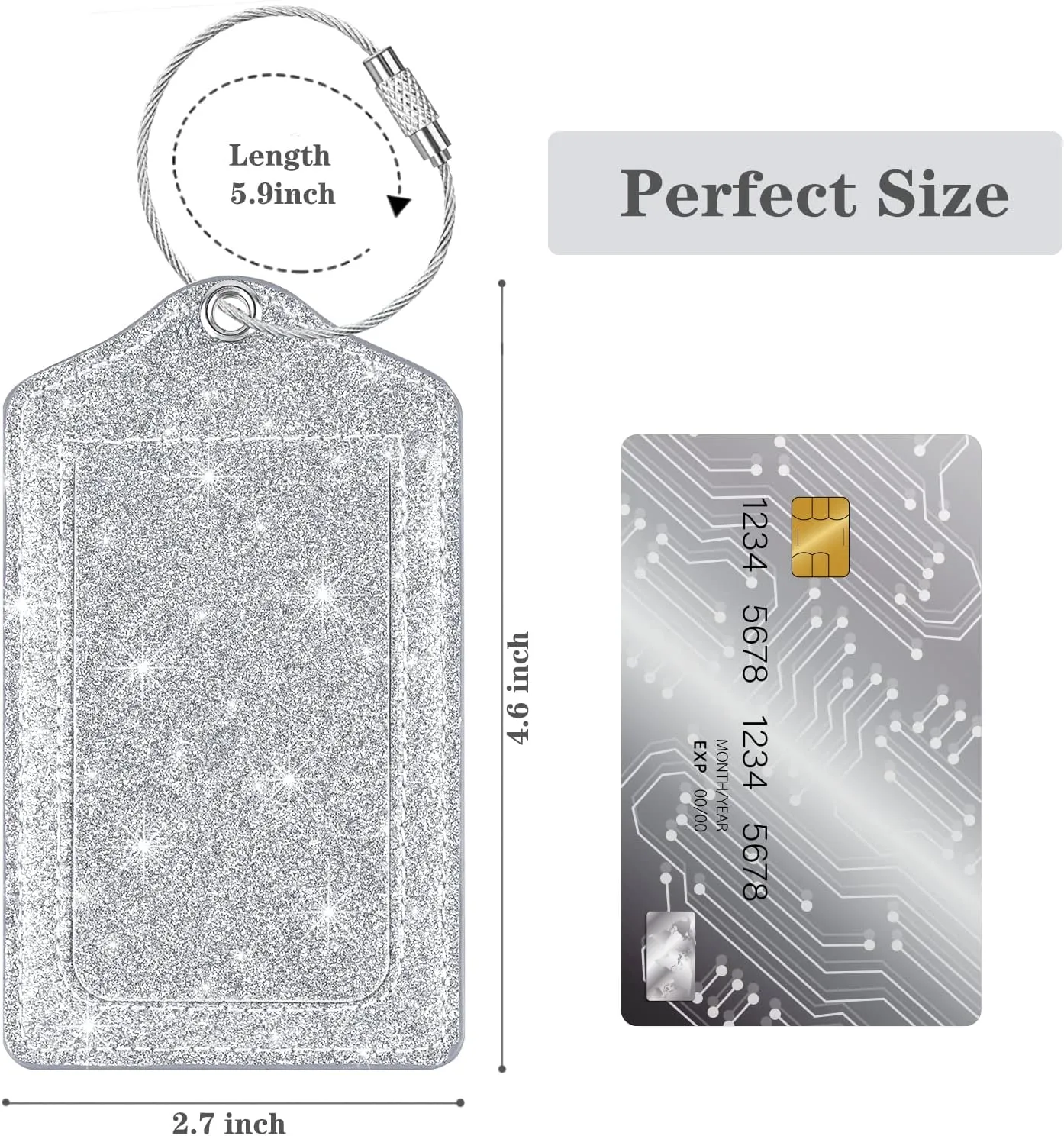 (Set of 2) Luggage Tag Leather Privacy Cover ID Label Address Card with Stainless Steel Loop, Travel Bag Tags Suitcase Labels, Glitter Silver