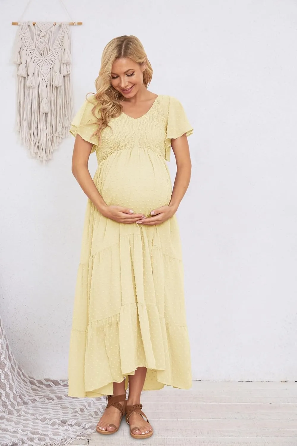Swiss Dot Smocked Maternity Dress for Baby Shower Photoshoot Casual V Neck Ruffle Sleeve Empire Waist Tiered Boho Dress