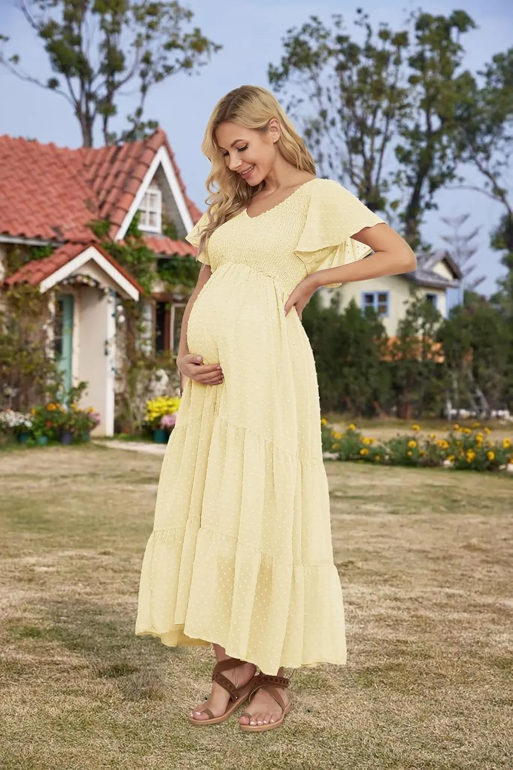 Swiss Dot Smocked Maternity Dress for Baby Shower Photoshoot Casual V Neck Ruffle Sleeve Empire Waist Tiered Boho Dress