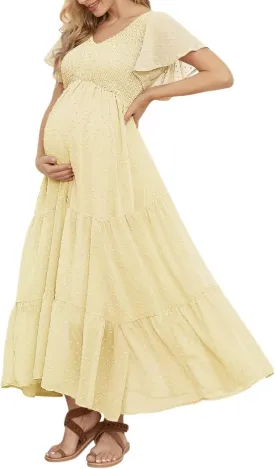 Swiss Dot Smocked Maternity Dress for Baby Shower Photoshoot Casual V Neck Ruffle Sleeve Empire Waist Tiered Boho Dress
