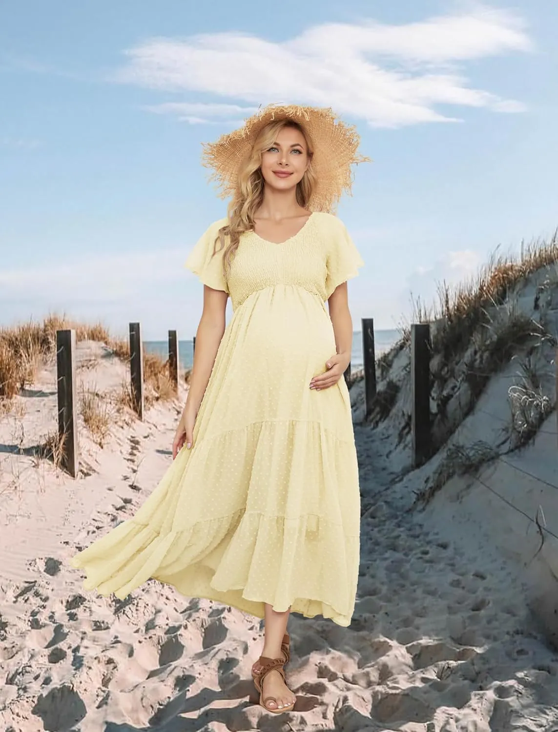 Swiss Dot Smocked Maternity Dress for Baby Shower Photoshoot Casual V Neck Ruffle Sleeve Empire Waist Tiered Boho Dress