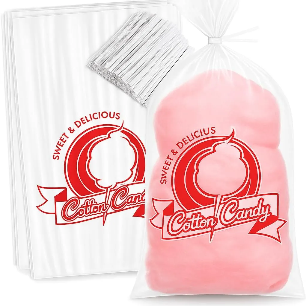 Tafura Cotton Candy Bags with Ties, [Pack of 100] Clear Bags for Cotton Candy with Print, Perfect for the Summer and Carnivals. 11.5x18.5 Inches.