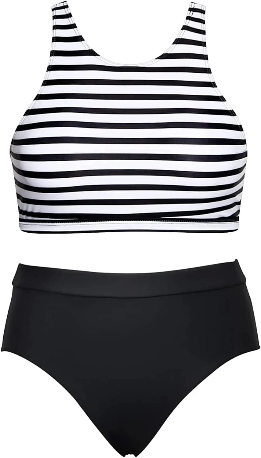 Tempt Me Women High Waisted Bikini Two Piece Swimsuits High Neck Crop Top Racerback Sporty Bathing Suits for Teen Girls
