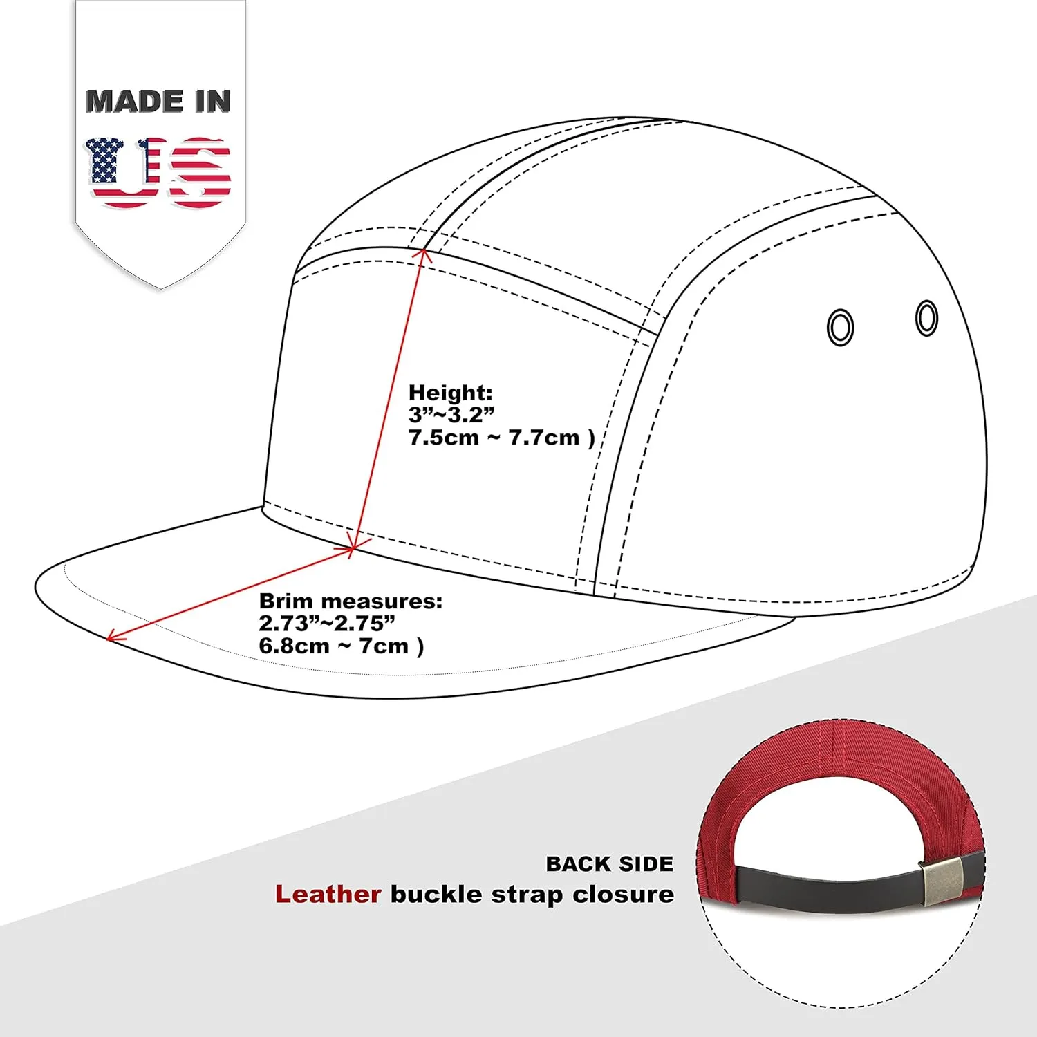 The Hat Depot Made in USA Cotton Twill 5 Panel Flat Brim Genuine Leather Brass Biker Board Cap
