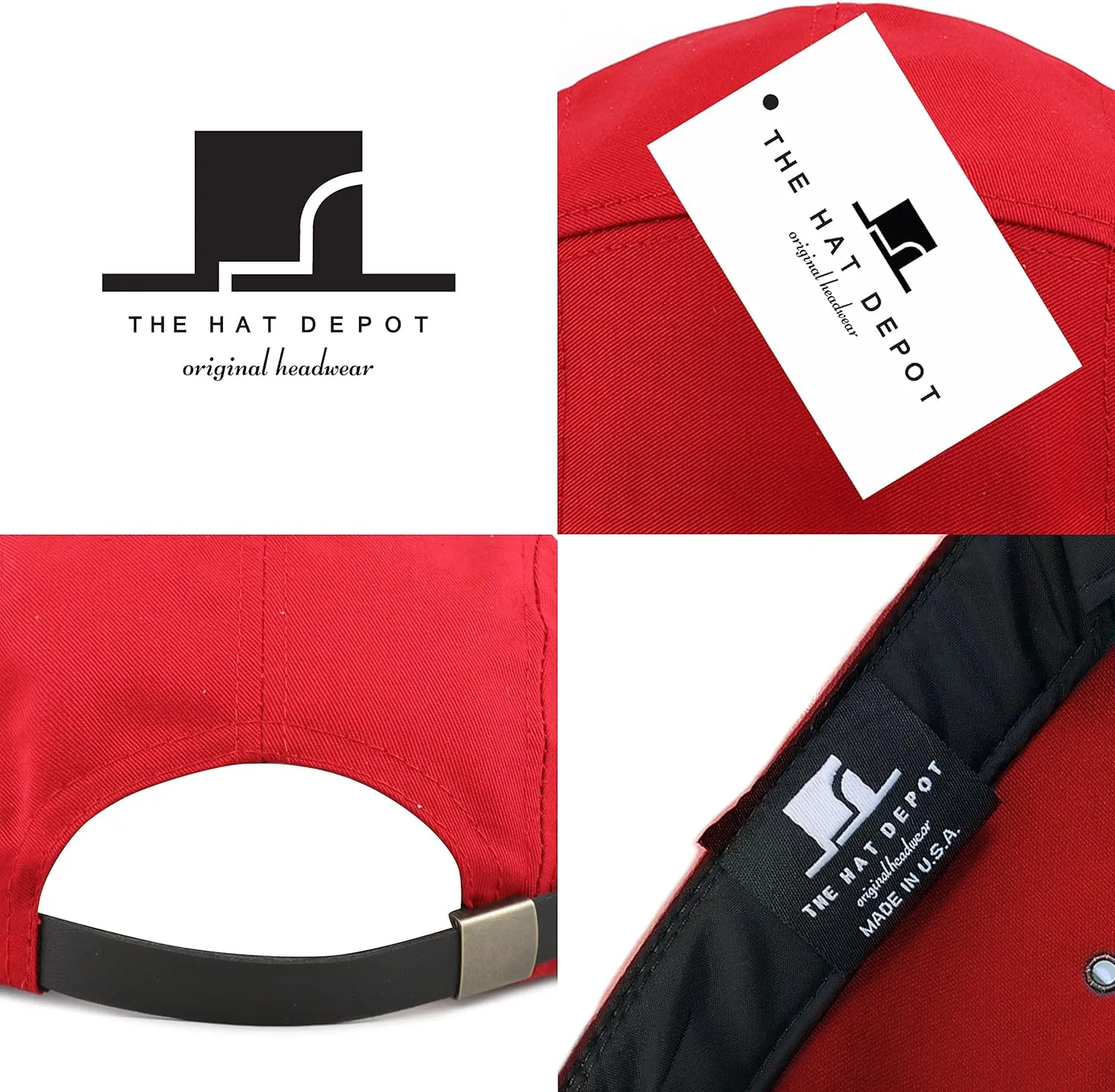 The Hat Depot Made in USA Cotton Twill 5 Panel Flat Brim Genuine Leather Brass Biker Board Cap