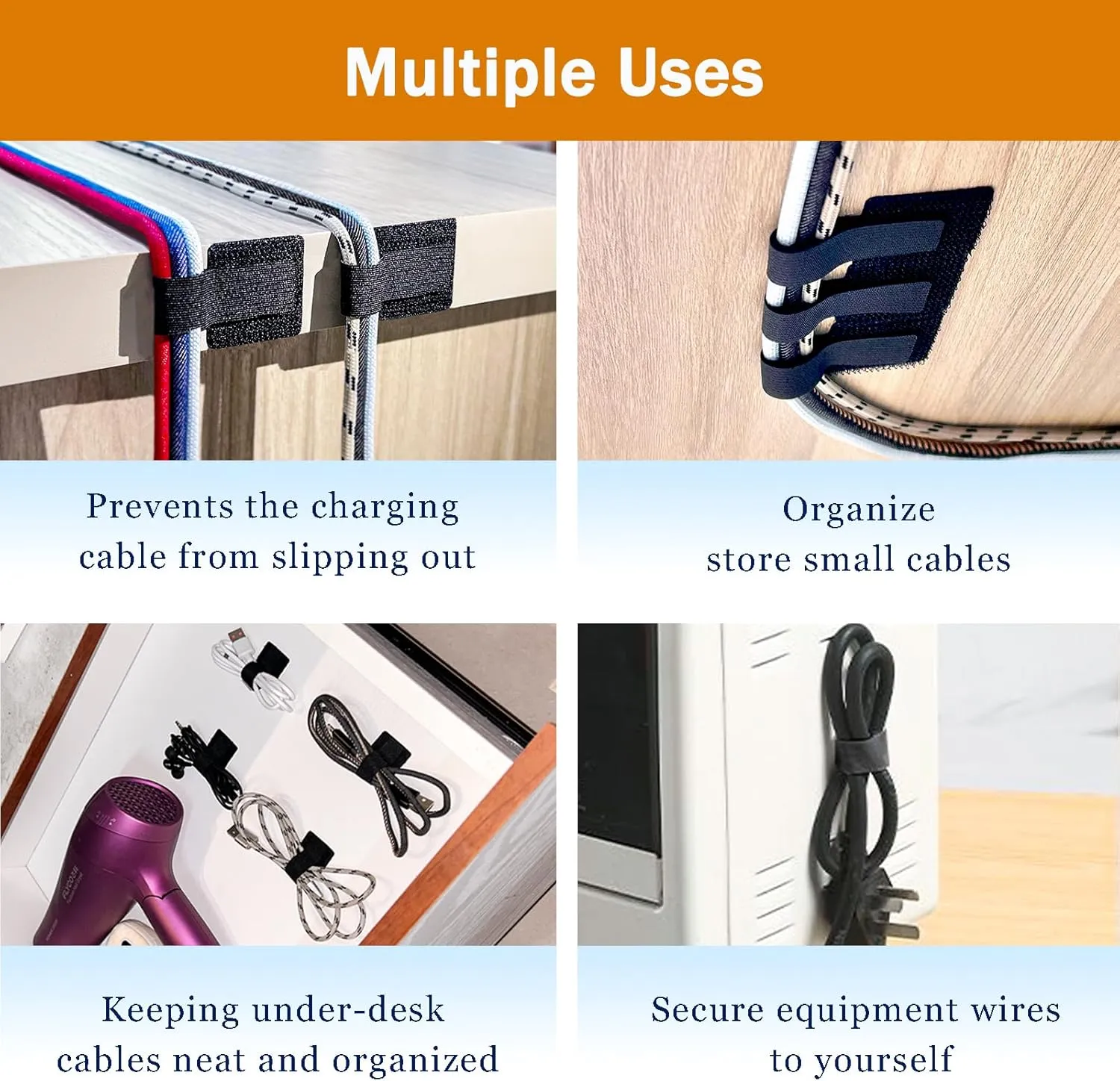 Under Desk Cable Management, Wire Organizers for Cords - Upgrade 48 PCS Sticky Back Self Adhesive Cable Ties, Hook and Loop Straps for Home or Office Use