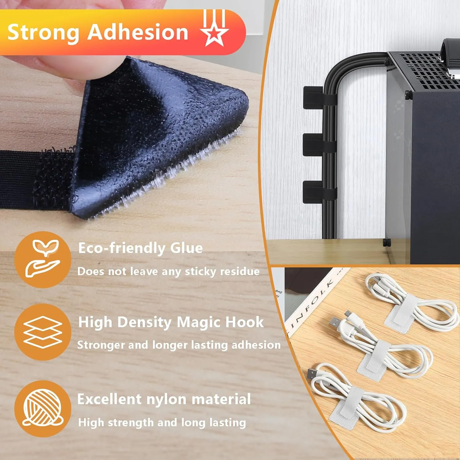 Under Desk Cable Management, Wire Organizers for Cords - Upgrade 48 PCS Sticky Back Self Adhesive Cable Ties, Hook and Loop Straps for Home or Office Use