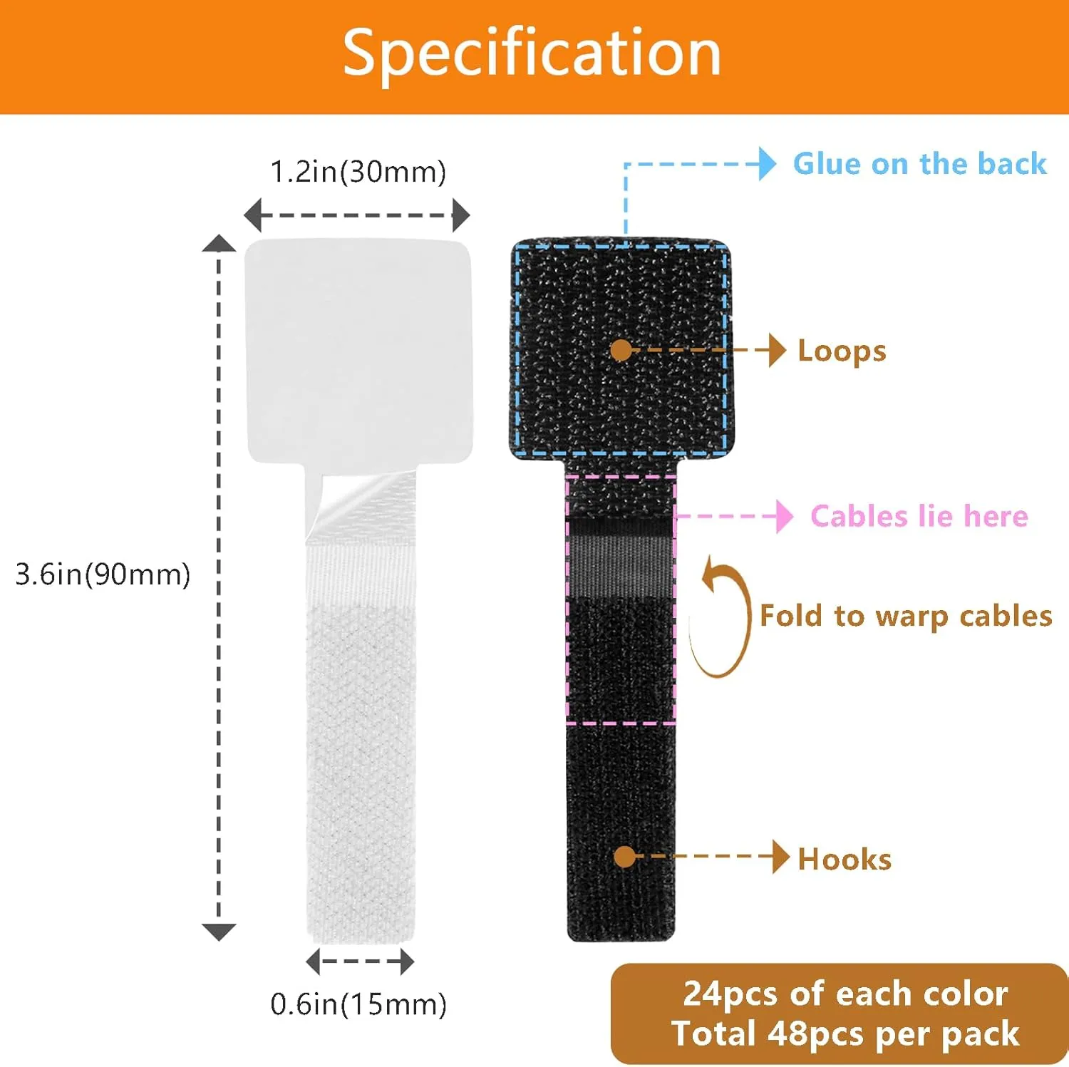 Under Desk Cable Management, Wire Organizers for Cords - Upgrade 48 PCS Sticky Back Self Adhesive Cable Ties, Hook and Loop Straps for Home or Office Use