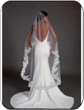 Unsutuo Lace Bride Wedding Veil 1 Tier Floral Edge Bridal Tulle Veil with Comb for Women