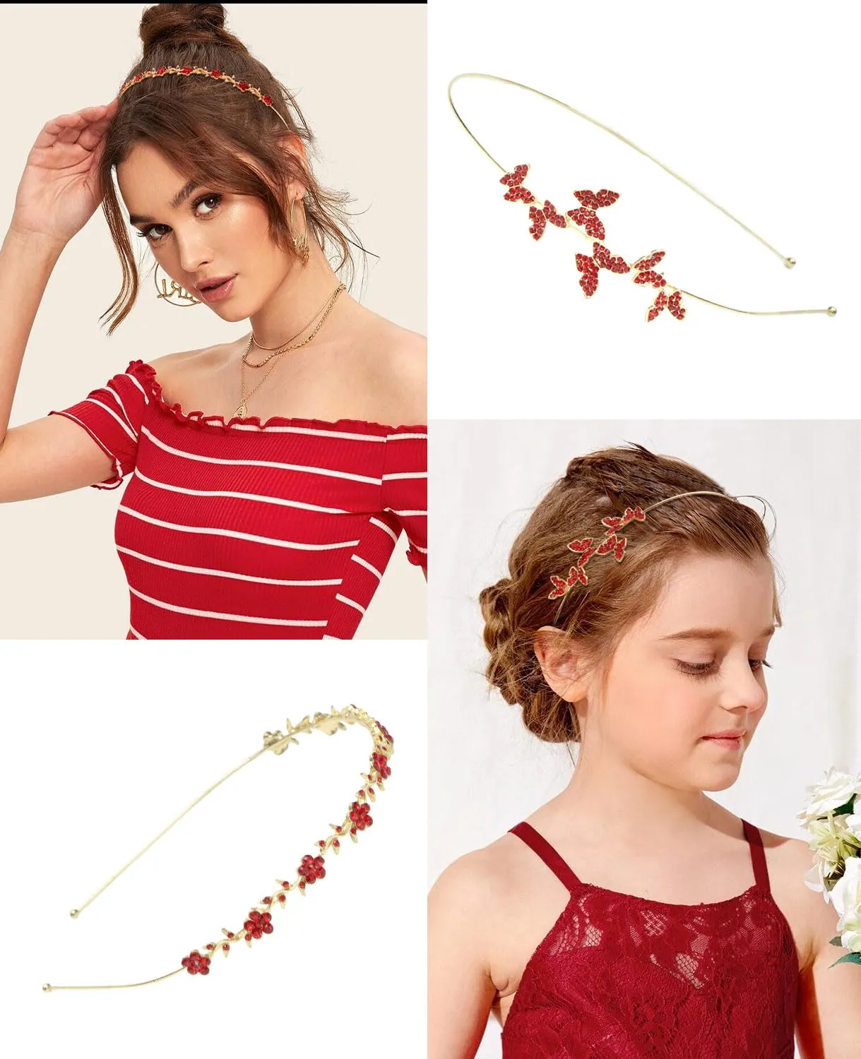 Wecoe Headband 4 Pack - Red Rhinestone Flower Girl Bridal Wedding Headband Crystal Headpiece Flower Leaf Butterfly Metal Headband for Women Girls Gifts