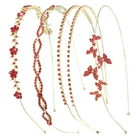 Wecoe Headband 4 Pack - Red Rhinestone Flower Girl Bridal Wedding Headband Crystal Headpiece Flower Leaf Butterfly Metal Headband for Women Girls Gifts